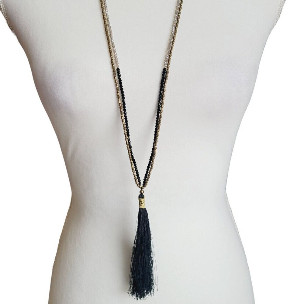 Nakamol Dainty Beaded Double Strand Necklace Black Tassel Faceted Glass Beads